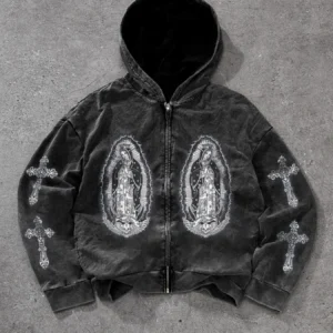 Men's Regular Fit Cross Print Zip Up Hoodie, Casual Long Sleeve Hooded Jacket for Daily Wear, Fashion Men's Clothes for All Seasons, Cotton, Graphic Menswear, Casual Streetwear Looks