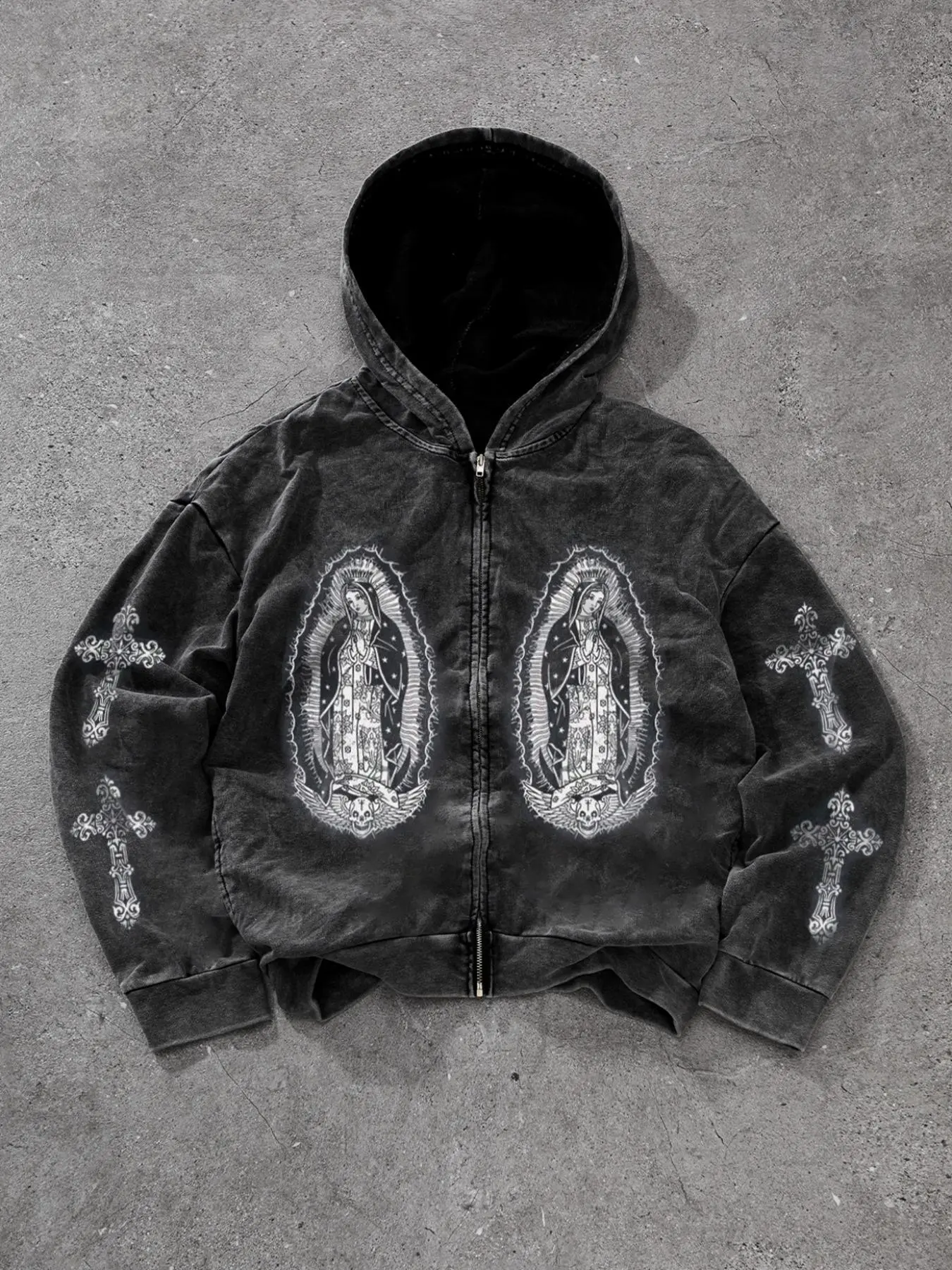 Men's Regular Fit Cross Print Zip Up Hoodie, Casual Long Sleeve Hooded Jacket for Daily Wear, Fashion Men's Clothes for All Seasons, Cotton, Graphic Menswear, Casual Streetwear Looks