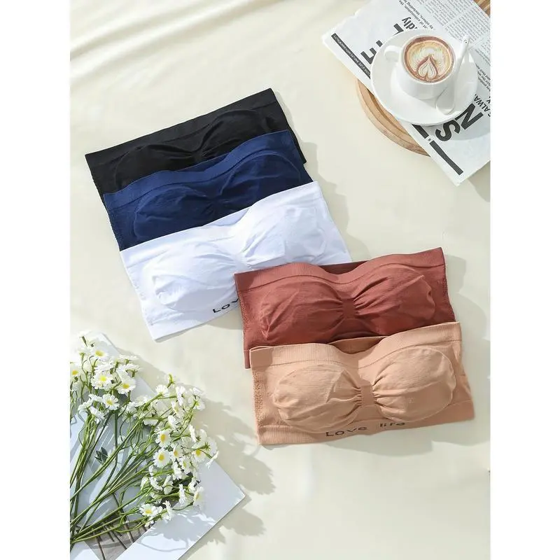 5pcs Solid Seamless Strapless Wireless Bandeau, Sexy Comfy Push Up Bra, Women's Lingerie & Underwear