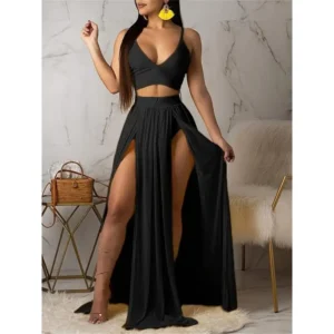 Women Sexy 2 Piece Outfits Dress Chiffon Strap Deep V Neck Bra Crop Top High Split Maxi Dresses Skirt Set Clothes Suits Black Womenswear Gamis Fitted Basic Minimalist