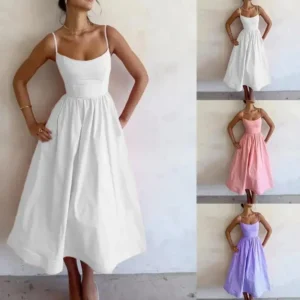 2025 Casual Female Fashion Pink Spaghetti Strap Dress Women Elegant Solid Sleeveless A-line Midi Dresses Robe Vestidos Womenswear Basic