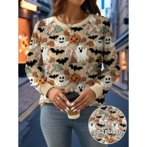 Apricot Ghost, Pumpkin, Bat Print Plus Size Halloween Raglan Sweatshirt Casual Hoodie