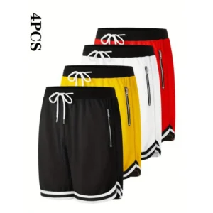4pcs Men's Casual Athletic Shorts With Zipper Pockets - Breathable Polyester, Elastic Waistband, Multi-Color Basketball & Sports Wear, Machine Washable(Raincoats)