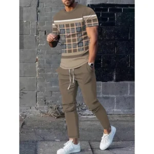 2-pieceMen'sPlaidCasualOutfitSet,Men'sShortSleeveCrewNeckT-shirt&WaistDrawstringJoggingPantsForCasualDailyWear,SpringAndSummerBlouses & Shirts