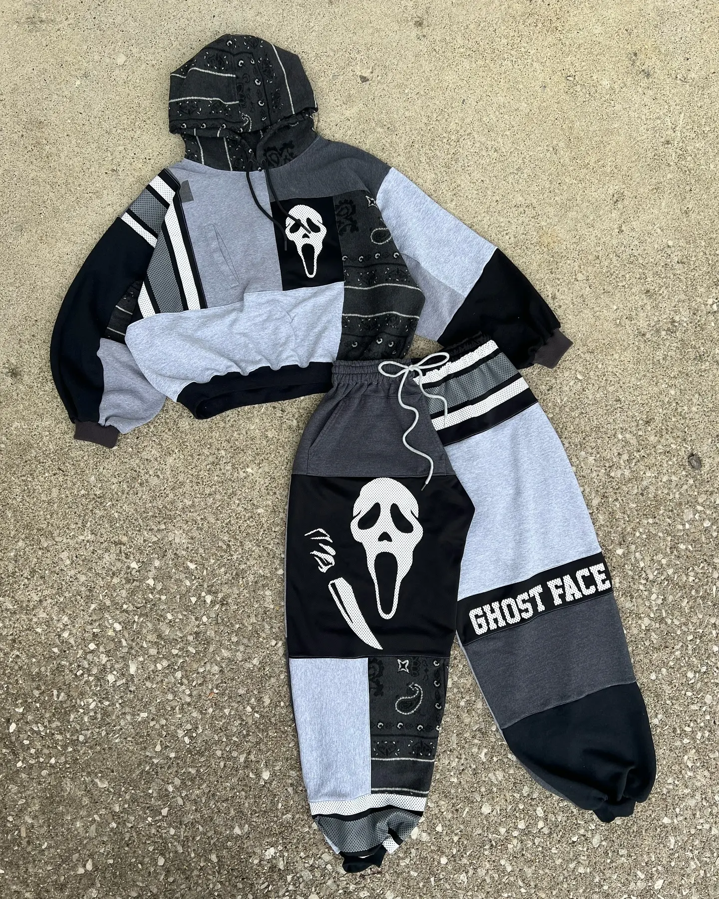 Ghost Face Patchwork Jogger Pants for Couples Eco-Friendly Vintage Streetwear All Seasons Comfortable & Eye-Catching Design One-of-a-Kind Spooky Style