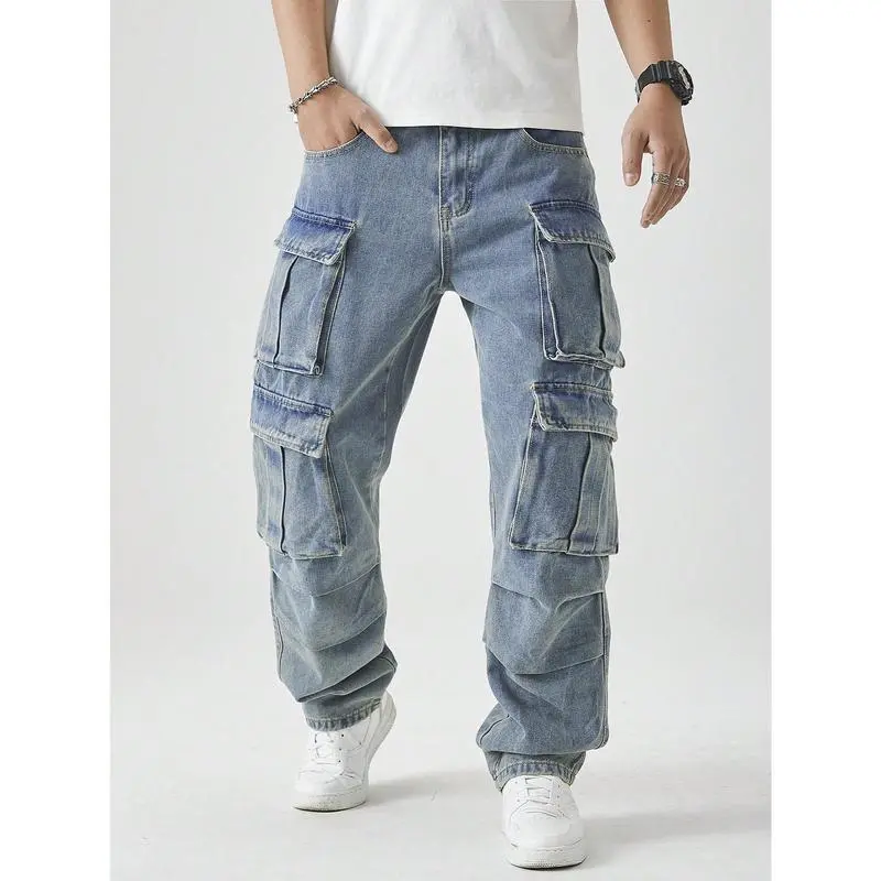 Men's Casual Washed Straight Leg Cargo Jeans