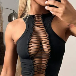 Women'sSolidColorLaceUpCropTankTop,FashionCasualSleevelessTopforDailyOutdoorWear,LadiesClothesforSummerBlouses & Shirts