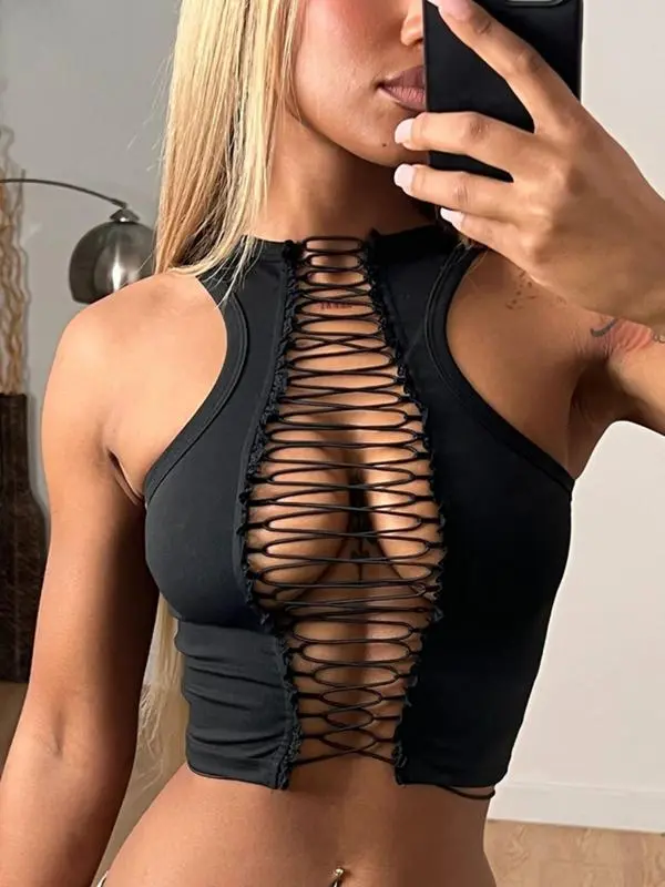 Women'sSolidColorLaceUpCropTankTop,FashionCasualSleevelessTopforDailyOutdoorWear,LadiesClothesforSummerBlouses & Shirts