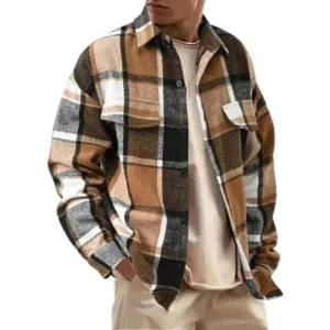 American Vintage Style Men's Casual Loose-Fit Plaid Shirt Khaki Woven Fabric Long Sleeve Button Front Menswear Checked Collared Top for Spring & Fall Menswear Checked Collared