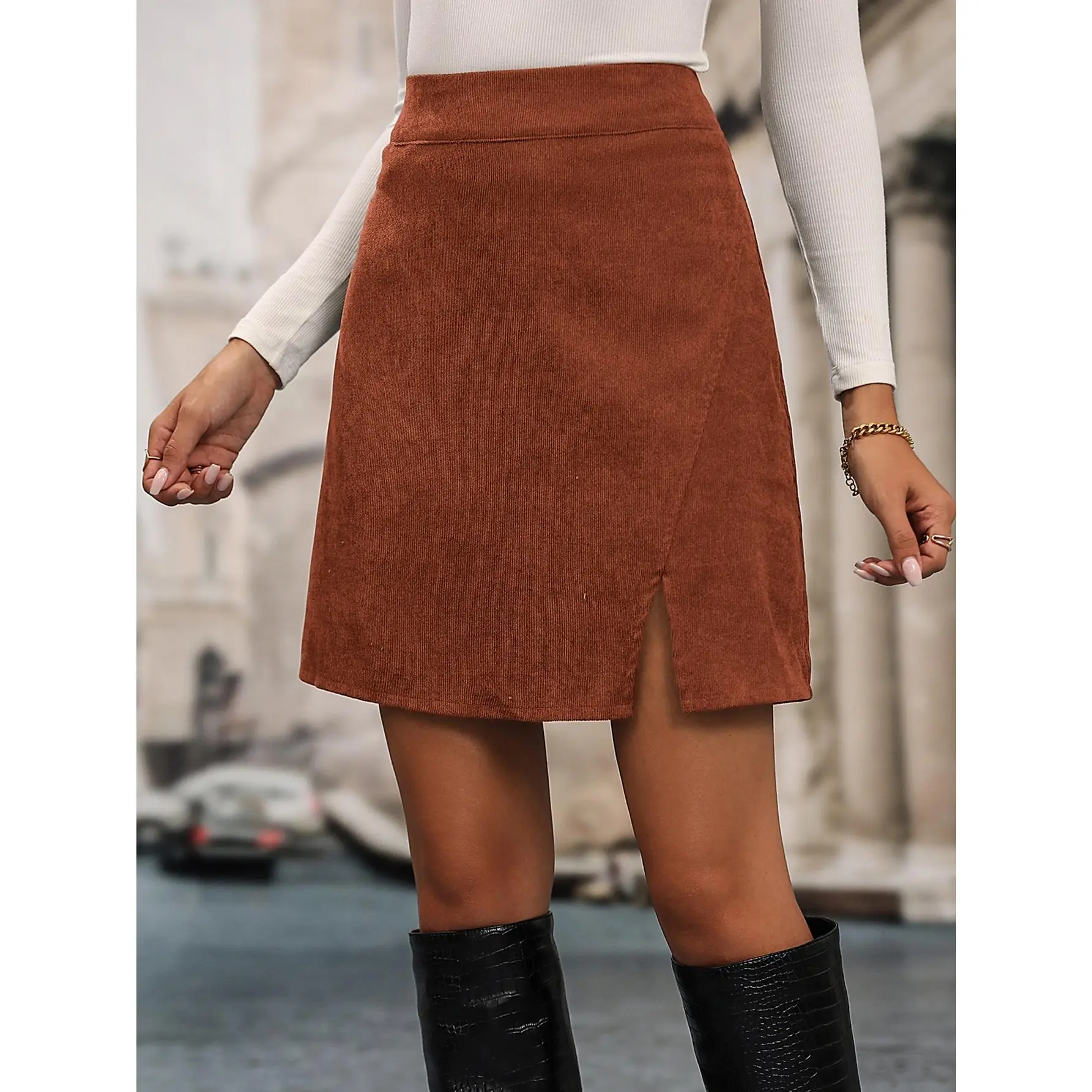 High Waist Split Hem Corduroy Skirt undefined undefined