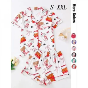 Women's Fried Chicken Print Shirt & Shorts Pyjama Two-piece Set, Casual Comfy Short Sleeve Collared Top & Shorts Pj Set, Ladies Sleepwear for All Seasons Loungewear Pajamas Womenswear Homewear Fits Shortsleeve(Raincoats)