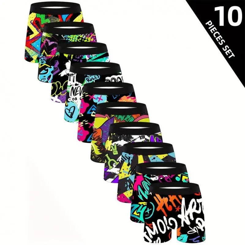 10pcs Men's Cartoon Tie-Dye Striped Boxer Briefs - Soft, Comfortable & Breathable Polyester Blend, Vibrant Athletic & Everyday Shorts for Casual Wear Menswear Mixed Color Socks Beige(Raincoats)