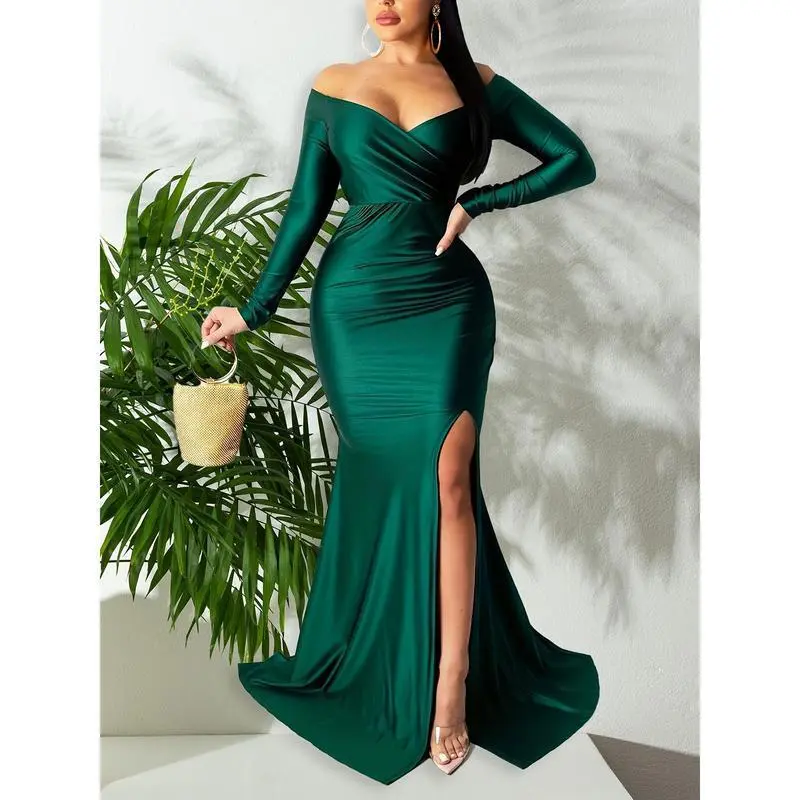 Off Shoulder Split Thigh Dress, Elegant Solid Long Sleeve Floor Length Party Dress, Women's Clothing Formal Womenswear Workwear Comfort Green Basic