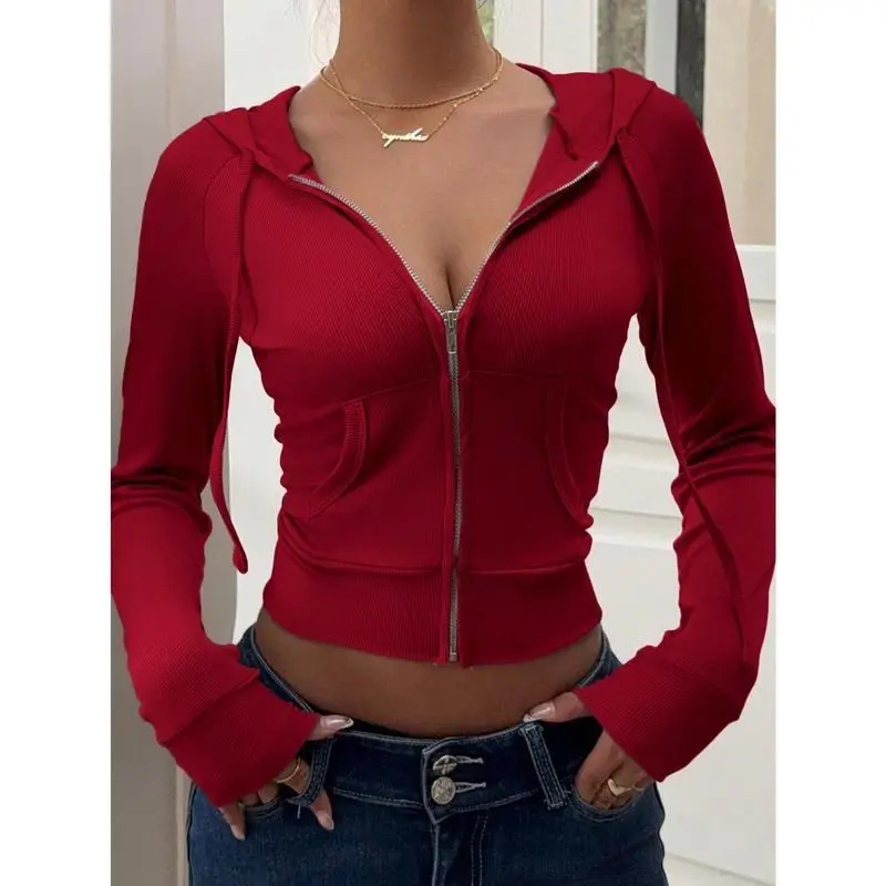 Women's Solid Color Zipper Front Raglan Sleeve Casual Hooded Jacket
