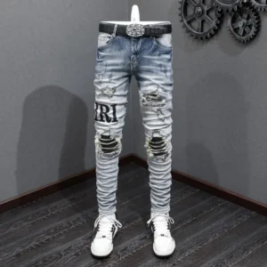 []Designer High Street Fashion Men's Blue Jeans Stretch Tight Washed Letter Jeans Patchwork Hip Hop Style Embroidered Pants(Raincoats)