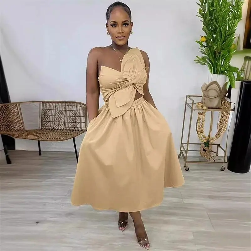 Elegant Draped Big Bow Strapless Party Long Dresses for Women Sleeveless High Waisted A-Line Prom Club Birthday Dress Vestido •