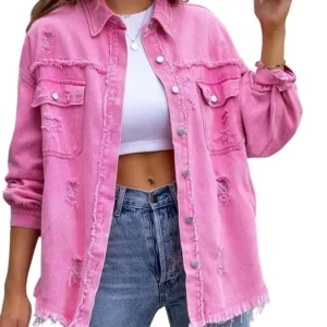 Womenswear Solid color mid-length ripped long sleeve denim jacket distressed shacket Fashion Casual Comfort denim bomber jacket Button Coats