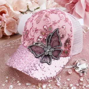 Women's Baseball Hat Mesh With Air Permeable Shade Hat, Butterfly Embroidery Sequin Trend Hat, Women's Dot Diamond Cap, Street Casual Fashion Hat