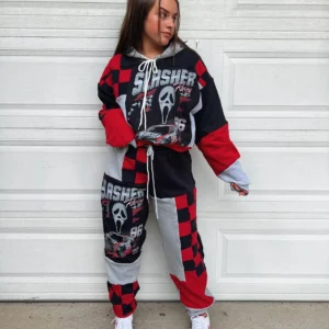 Spooky Halloween Horror Character Patchwork Hoodie Jogger Matching Outfit – Eco-Friendly Streetwear for Couples, Sustainable Vintage Fabrics, Unique Gothic Couple Clothes for Fall Season