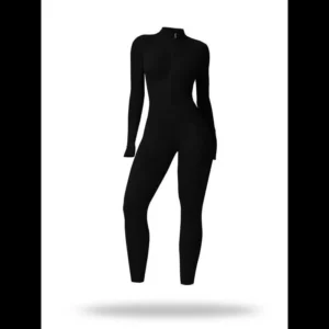 Sporty Women's Solid Color Half Zip Mock Neck Sports Jumpsuit, Casual Comfy Breathable Long Sleeve Skinny Jumpsuit for Yoga Gym Workout, Workout Gym Clothing, Athletic Training Apparel