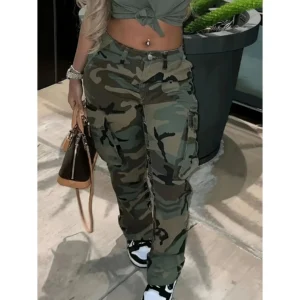 Women's Camo Cargo Pants - Casual Loose Fit with Multiple Pockets, Cotton Blend, Machine Washable - Perfect for Spring/Summer/Fall