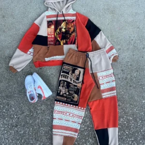Ghost Face Patchwork Couple Hoodie & Jogger Set - Spooky Horror Character Matching Outfit, Sustainable Gothic Streetwear with Vintage Fabrics, Eco-Friendly Fall Fashion for Stylish Partners
