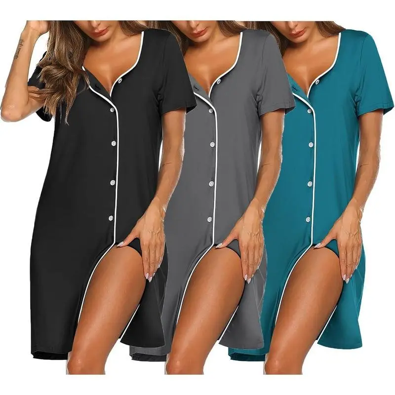 Nightgowns for Women 3 Pack Shirts Button Down Pajama Dress Short Sleeve Nightshirt Sleepwear Nightdress Loungewear Soft Womenswear night gown women Homewear Casual Pjs Shortsleeve Bra Fabric Loose Fashion