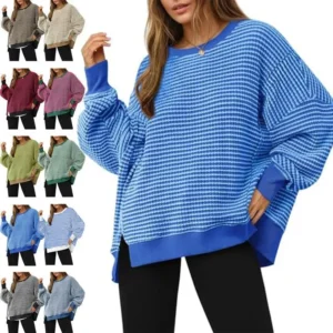 Women's Fall Fashion Oversized Sweatshirt Casual Cozy Waffle Knit Long Sleeve Crewneck Split Pullover Tops