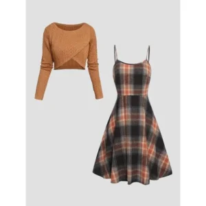 Women's Solid Wrap Hem Round Neck Textured Long Sleeve Crop Top & Plaid Print A-line Dress Suits Set, Preppy Fashion Comfort Skirt Set for Women's Clothing for Fall, Womenswear, Teacher Outfits 2024 Dresses School Outdoor Spring Casual