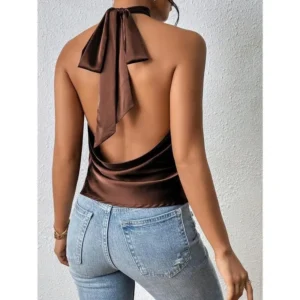 Women Halter Backless Tank Top, Casual And Fashionable For Daily Wear Chocolate Brown Topbackless Blousebackless Topcoffee Brown Top Fit Fabric Womenswear Basic