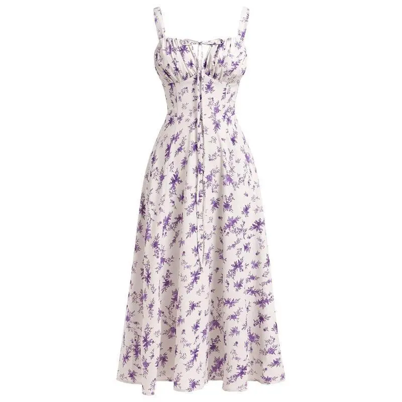 Women Floral Corset Dress Spaghetti Straps Square Neck Casual Waist Split Casual Beach Dresses, Milkmaid Dress, Womenswear Comfort Formal Bohemian