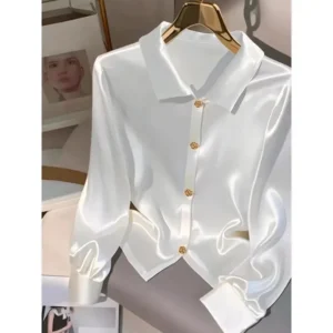 Women's Elegant Solid Color White Satin Blouse with Golden Button Details - Long Sleeve,  Womenswear Spot Shirts Tops