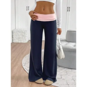 Women's Casual Contrast Foldover Waist Wide Leg Sweatpants Navy Blue Knitted Fabric Extra Long Length Daily Wear Spring Fall Bottoms