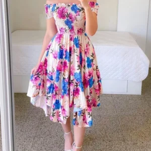 Dress one-word shoulder irregular off-the-shoulder digital printing medium and long dress Summer Casual Floral Womenswear Comfort Fitted Bohemian Boho