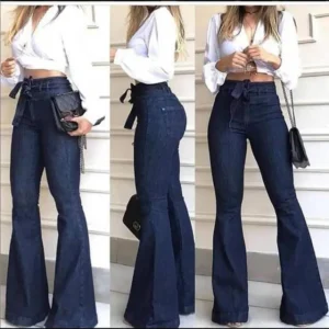 Womens High Waisted Bell Bottom Jeans Denim High Rise Flare Jean Pants with Wide Leg and Belt Womenswear Trouser Dark Blue Streetwear Basic Fitted Maxi Minimalist Preppy