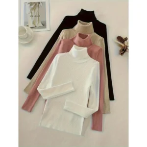 Solid Turtle Neck Rib Knit Top 4 Pack, Casual Long Sleeve Slim Versatile Sweater, Women's Clothing Fabric Knitwear