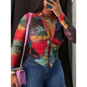 2025 New American-Style Slim-Fit Printed Stretchy Long-Sleeve Shirt for Trendy Top Casual Womenswear Blouse Multicolor Skinny