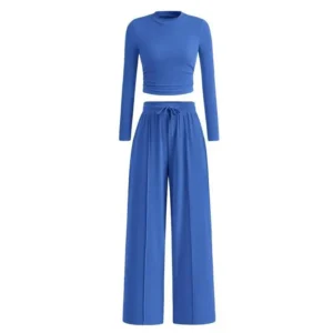 2-Piece Ribbed Knit Long Sleeve Crop Top Wide Leg Pants Matching Lounge Set Loungewear