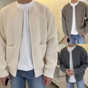 Men's Zipper Knit Cardigan 2024 Autumn Winter Solid Color Sweater Loose Casual Lazy Style Tops Long Sleeve
