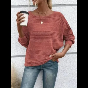 Women's Plain Round Neck Batwing Sleeve Tee, Casual Long Sleeve Crew Neck T-shirt for Fall & Winter, Fashion Ladies' Knit Clothing for Daily Wear Fit Knitwear