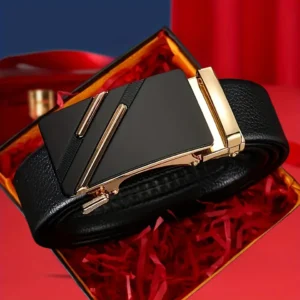 Automatic Buckle Men's Business Casual Belt - Double-bar Lychee Pattern, Freely Trimmed, Ideal Holiday Gift