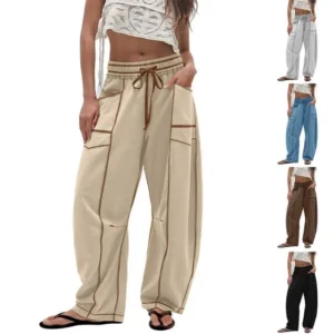 Womens Baggy Barrel Pants Wide Leg Lounge Drawstring Sweatpants with Pockets Womenswear Bottom Casual Adjustable