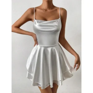 Draped Lace Up Backless Layered Cami Dress Mini Short Women Outfit Casual Fabric Womenswear Evening Elegant Classy Flattering Formal