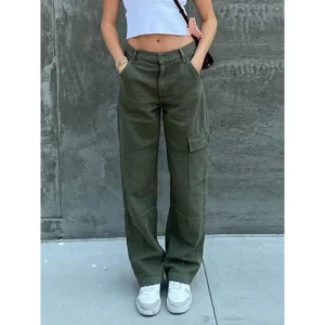 One Side Square Pocket Wide Leg Cargo Pants Loose Fit Straight Denim Long Pants Y2K Korean Retro Style Women's Jeans Women's Clothing