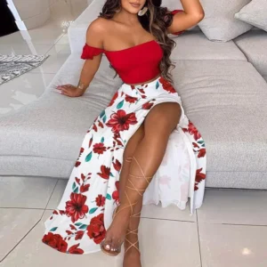 2025 European and American summer Bohemian print mid length sexy off shoulder one shoulder top slit long skirt suit