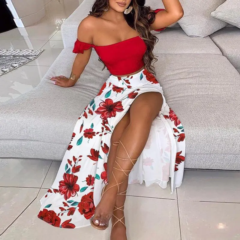 2025 European and American summer Bohemian print mid length sexy off shoulder one shoulder top slit long skirt suit