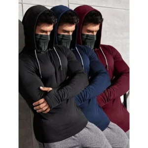 Men's Solid Color Thumb Hole Design Sports Tee, Casual Long Sleeve Stand Collar T-shirt with Mask & Gloves, Men's Sportswear for Indoor Outdoor Wear, Gym Tops, Athletic Hoodies, Running Tops, Athletic Techwear, Gym Workout Tee
