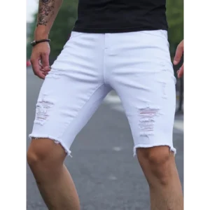 Slim Fit Ripped Denim Shorts, Men's Casual Street Style Medium Stretch Ripped Denim Shorts, Summer