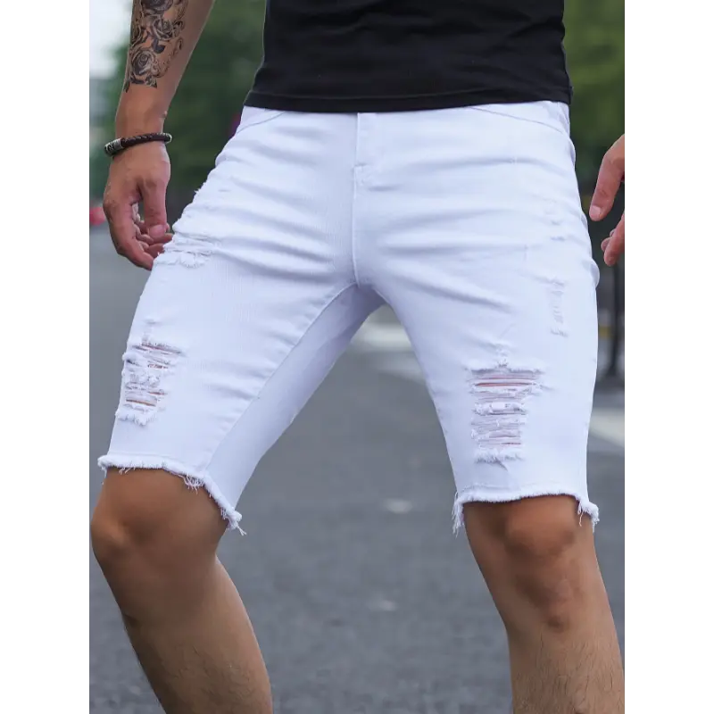Slim Fit Ripped Denim Shorts, Men's Casual Street Style Medium Stretch Ripped Denim Shorts, Summer