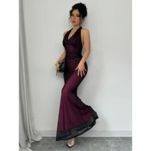 Stunning Fuchsia Halter Neck Deep V Mermaid Dress for Women - Comfortably Elegant! wedding guest dresses spring wedding guest dress quinceaneradress nick  cassie  prom  dress Purple Fabric